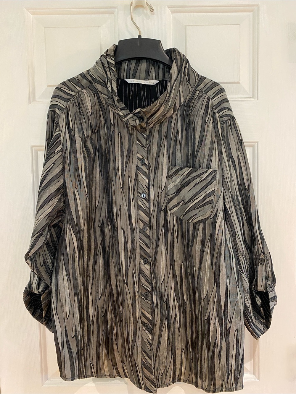 Peter Nygard Vintage Black and Gray Abstract Stripe Button-Up Blouse